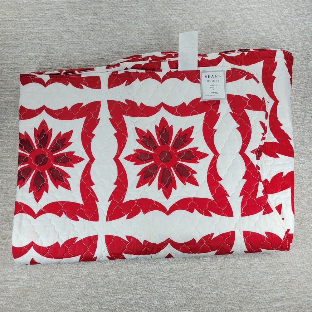 VTG Sears Danville Quilt Coverlet Twin Red Floral Americana Reversible Deadstock
